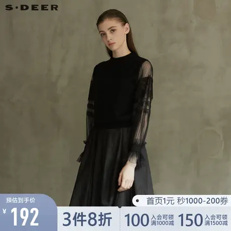 sdeer圣迪奥春装复古罗纹圆领蕾丝网纱黑色针织S21463587图片
