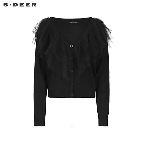 sdeer圣迪奥22春夏新品复古V领网纱抽褶黑色针织开衫女S221Z3513图片