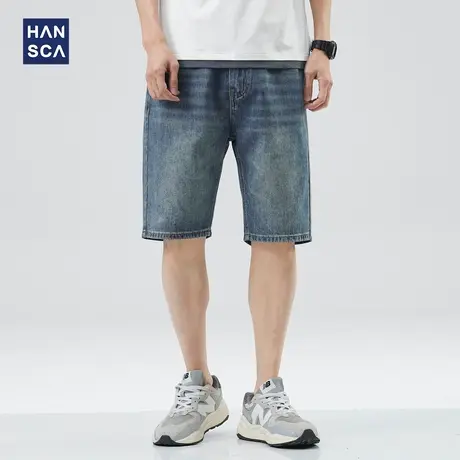 hansca牛仔短裤男士夏季潮牌美式复古宽松直筒蓝色大码休闲五分裤商品大图