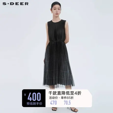 sdeer圣迪奥夏季圆领格纹收腰网纱通勤百褶裙黑色连衣裙S222Z1265图片