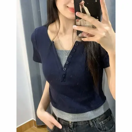 chic甜辣假两件短袖T恤女夏季修身韩版内搭打底衫短款正肩上衣潮商品大图