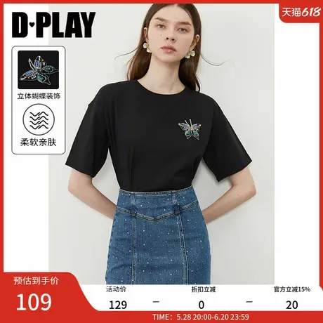 DPLAY2025年夏季新款黑色t恤女圆领美式流行宽松上衣短袖打底衫图片