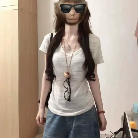 正肩U领肌理感短袖T恤女2025夏季新款修身韩版chic甜辣半袖上衣服图片