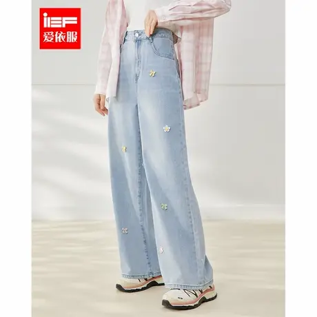IEF/爱依服裤子2025夏季新款韩版甜美少女风蝴蝶结印花牛仔阔腿裤商品大图