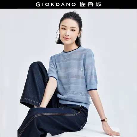 佐丹奴针织衫女装撞色边镂空提花毛织圆领短袖针织衫 18355206商品大图