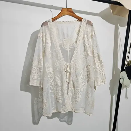 海边度假风镂空系带针织开衫女夏季新款宽松防晒钩花披肩上衣罩衫图片