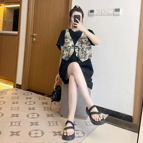 新中式国风复古马甲假两件圆领短袖T恤裙女夏季连衣裙大码胖mm图片