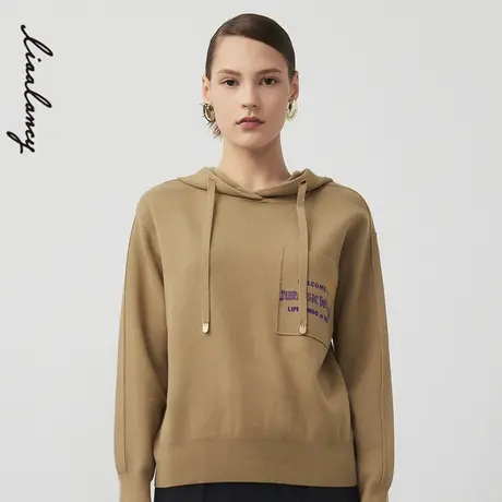 LANCY/朗姿2022冬季新款连帽针织衫女宽松休闲女士休闲通勤套头衫图片