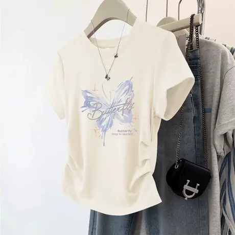 KMV真维斯正肩短袖t恤女2025新款夏季短款修身抽褶显瘦小个子上衣商品大图