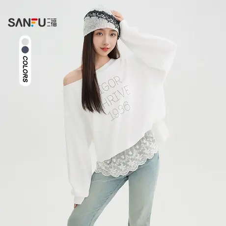 三福卫衣2025秋季英文印花蕾丝拼接花苞下摆上衣女装505952商品大图