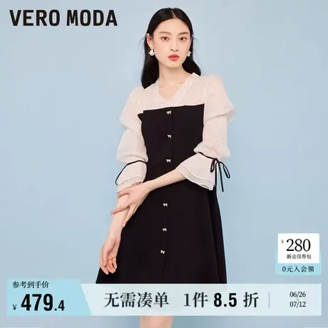 Vero Moda奥莱连衣裙夏季新款浪漫度假黑白拼接V领气质短袖裙子商品大图