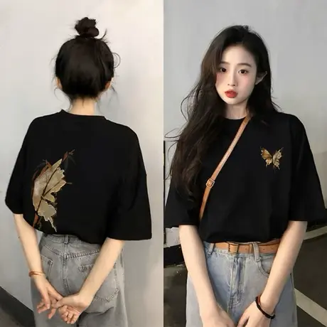 爆款黑色纯棉短袖t恤女2025新款夏季别致独特设计感上衣胖mm体恤商品大图