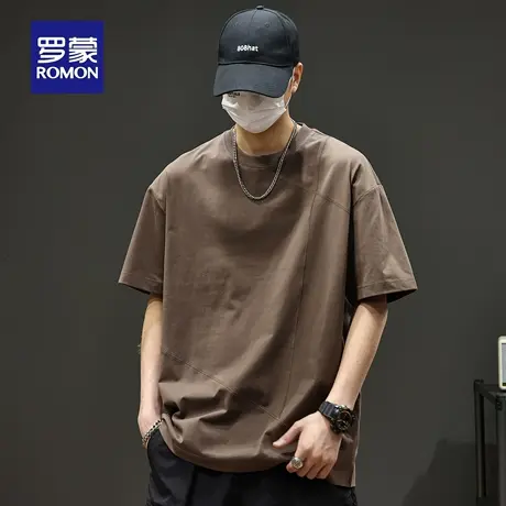 罗蒙重磅男士短袖T恤衫夏季新款简约宽松大码拼接冰丝纯色上衣N1Z图片