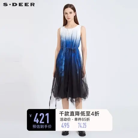 sdeer圣迪奥女装春装时尚圆领渐变网纱收腰无袖连衣裙S21181221商品大图