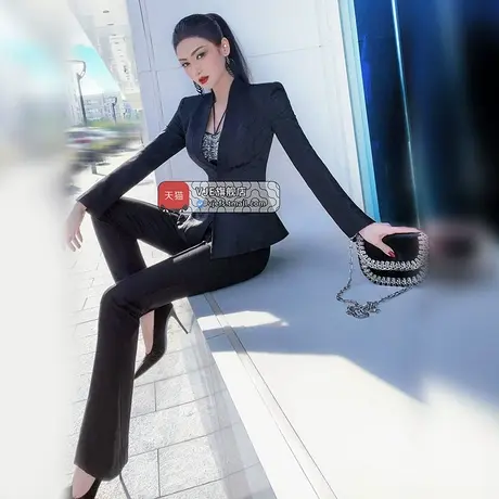 VJE提花撞色拼接西装垂顺喇叭裤两件套秋季OL正装套装商品大图