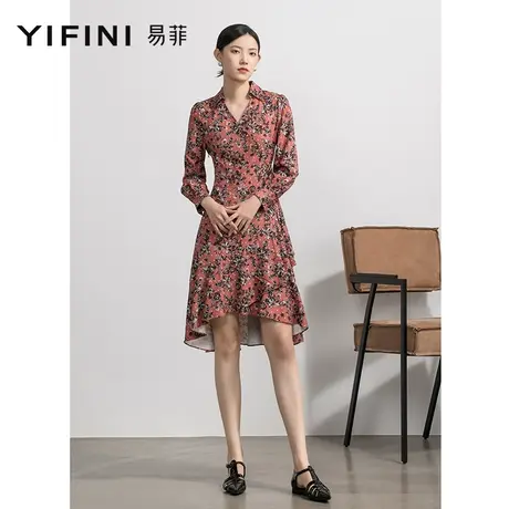 Yifini/易菲高腰显瘦法式翻领长袖连衣裙女秋新款休闲茶歇裙图片