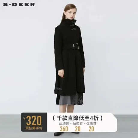 sdeer圣迪奥冬高领收腰仿羊羔绒黑色长款大衣女S21481816🥏商品大图