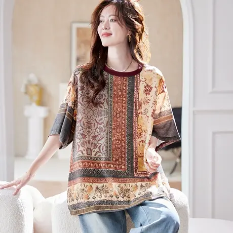 宝诗黎蝙蝠袖印花宽松雪纺衫2025夏季气质休闲百搭波嬉风大码小衫商品大图