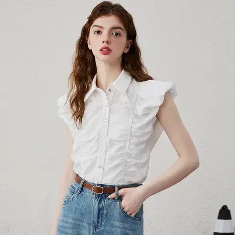 a02时尚褶皱设计感显瘦纯色小衫夏季休闲泡泡袖气质女式衬衫图片