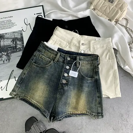 设计感韩版辣妹排扣牛仔短裤女2025早春新款高腰显瘦宽松阔腿热裤商品大图