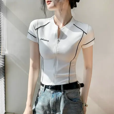 刺绣圆领拉链款短袖T恤女2025夏季新款开衫修身显瘦正肩外穿上衣图片
