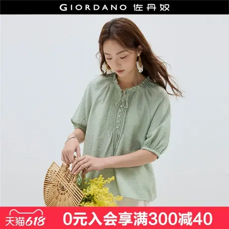 设计师款佐丹奴宽松衬衫女新款麻感花边绑带圆领短袖衬衣18345810图片