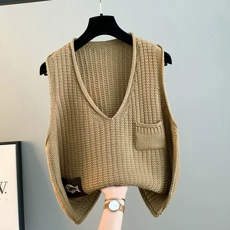 秋冬新款复古文艺针织贴布马甲女韩版宽松减龄镂空V领外搭马夹潮图片