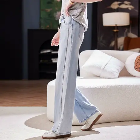 宝诗黎烫钻拼接阔腿蓝色牛仔裤2025夏季宽松百搭棉质高腰休闲长裤商品大图