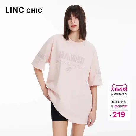 LINC金羽杰圆领短袖女上衣街头轻摇滚破洞造型大T恤女S242TS193Y商品大图