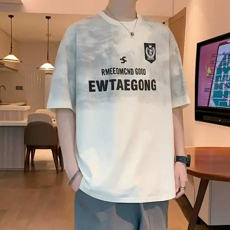 黑色钢印短袖男夏季美式复古落肩袖宽松t恤潮牌帅气半袖体恤上衣图片