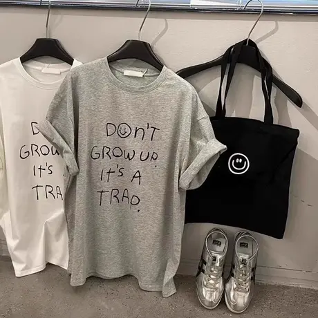 美式复古短袖T恤女夏季宽松韩版内搭外穿打底衫字母印花纯棉上衣商品大图