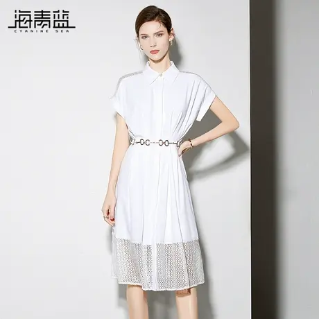 海青蓝气质通勤衬衫连衣裙女2024夏季新款翻领收腰显瘦休闲中长裙图片