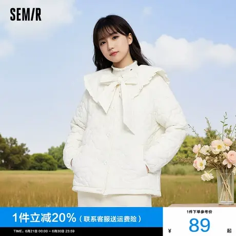 森马棉服女木耳边大翻领2024冬季新款少女感花朵宽松白色可爱外套图片