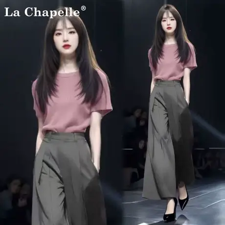 拉夏贝尔时尚套装女2025夏季新款高级感短袖T恤上衣阔腿裤两件套商品大图
