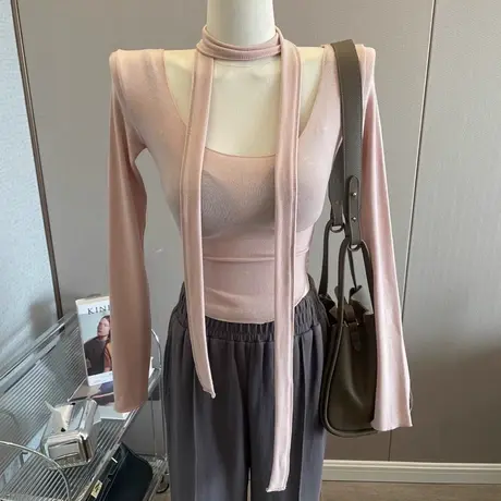 闭眼入~纯欲辣妹长袖T恤女围巾飘带紧身上衣短款弹力打底衫春新款图片