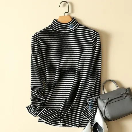半高领毛衣女打底衫春装2024新款洋气修身内搭长袖条纹针织衫上衣图片