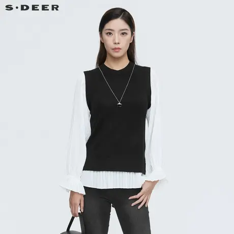 sdeer圣迪奥2022春季新款圆领撞色拼接喇叭袖针织衫女S213Z3508图片