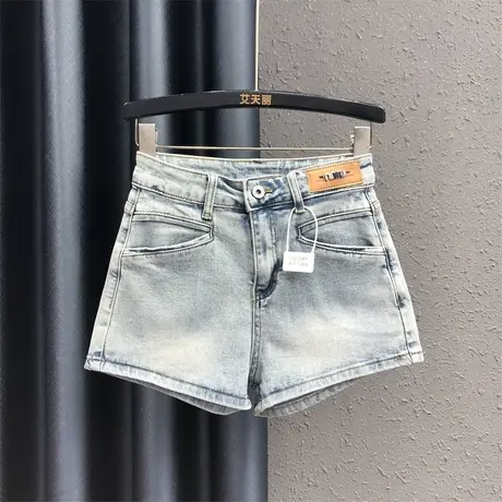 韩版阔腿裤女2025春夏新款浅蓝个性贴布气质高腰显瘦牛仔短裤热裤商品大图