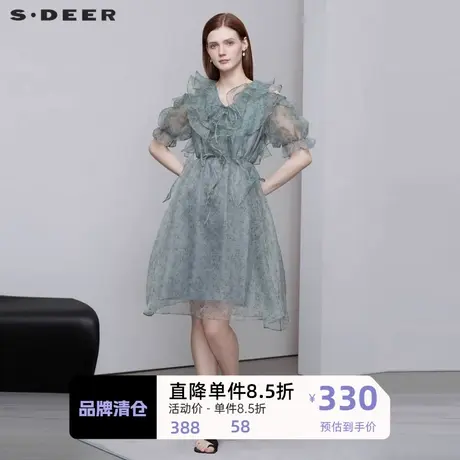 sdeer圣迪奥女装V领碎花收腰网纱连衣裙S222Z122H图片
