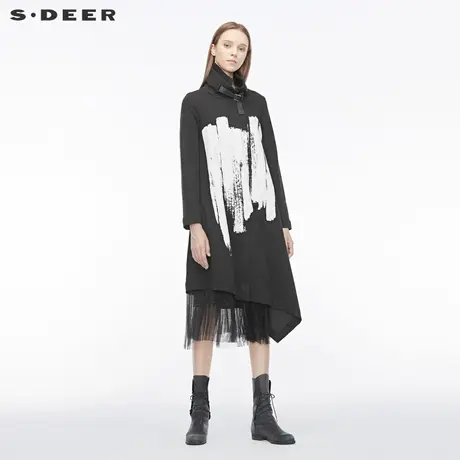 sdeer圣迪奥女秋装涂鸦印花不规则飘带拼接高领风衣S19381847图片