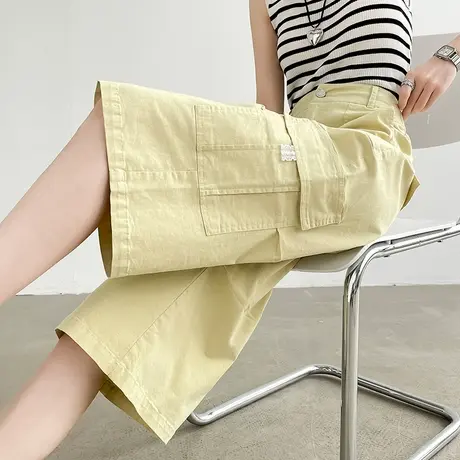 七分黄色工装短裤女夏季薄款高腰宽松直筒小个子街头六分休闲中裤图片