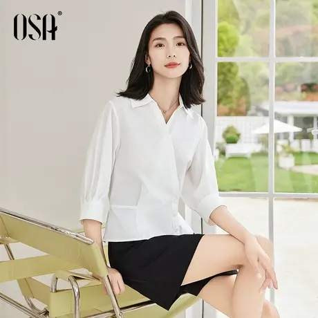 OSA欧莎春装2025新款七分袖收腰白色衬衫女遮肚显瘦气质衬衣上衣商品大图