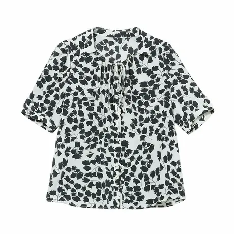 [专柜同款]Yifini/易菲真丝茶韵印花宽松短款小衫套头衫女夏装商品大图