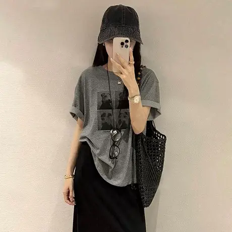 欧货时尚设计感宽松显瘦圆领短袖卡通字母小狗印花减龄T恤上衣女图片