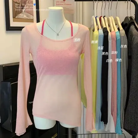 2025夏季新款欧美性感辣妹纯欲风长袖防晒不规则设计薄罩衫女T恤图片