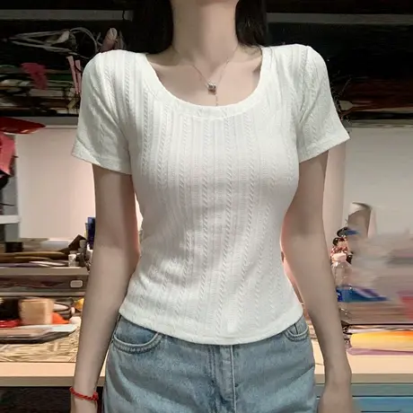 纯色U领正肩短袖T恤女2025夏季新款修身韩版短款chic别致辣妹上衣商品大图