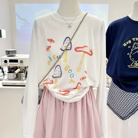 夏季简约韩系薄款蘑菇创意印花宽松显瘦白色长袖T恤女防晒衫罩衫商品大图