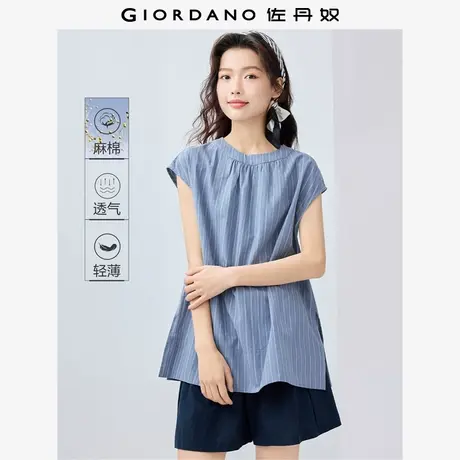 佐丹奴衬衫女装天然棉麻条纹圆领连袖中长款梭织衬衫 13345313商品大图