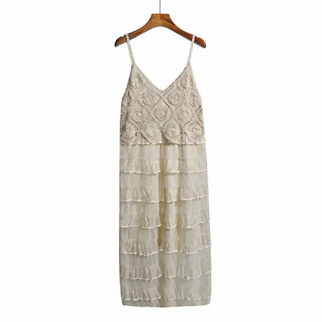 波西米亚度假风针织吊带连衣裙女夏季新款勾花镂空网纱蛋糕裙长裙商品大图