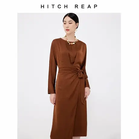 希区瑞普春款设计感缎面收腰知性系带蝴蝶结连衣裙F1696商品大图